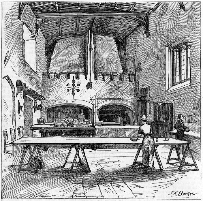 The Castle kitchen, as it looked in the 19th century, before the introduction of the modern equipment. The kitchen tables, one of which has a table-top probably dating to the 14th or 15th century, were removed due to Health and Safety legislation. Fortunately they still survive in the Castle. (The heavier one was carried by the college rugby team all the way up to the Castle's uppermost level. It can now be seen in the Norman Gallery.)